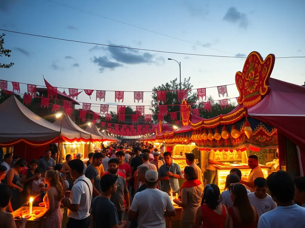A lively outdoor scene of a multicultural community festival organized by LES TROIS ELFES, with families, performers, and volunteers sharing food, music, and laughter under festive banners.