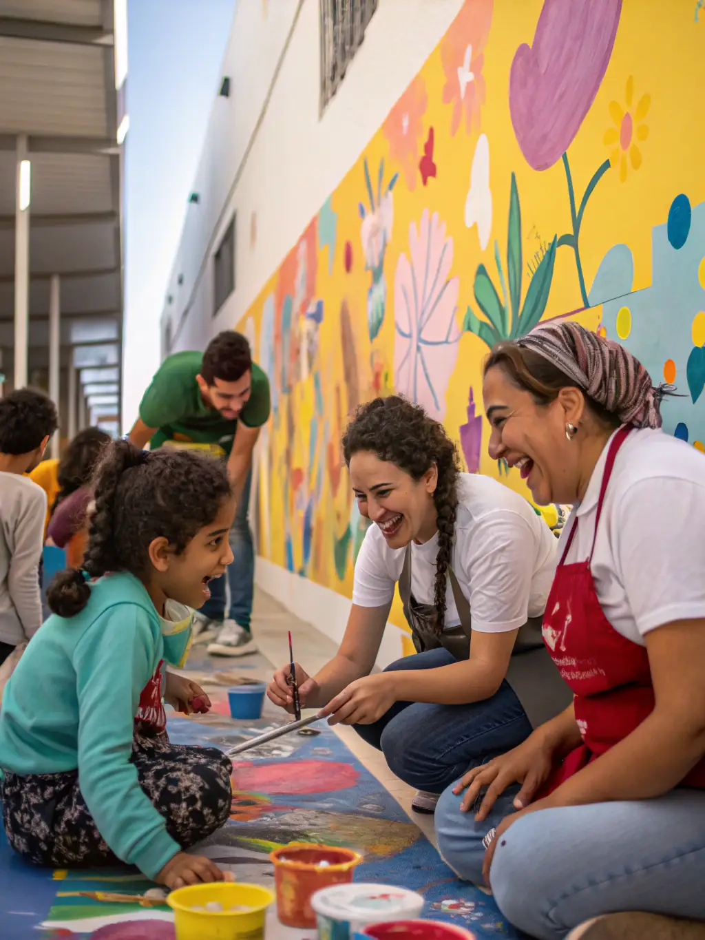 A candid image of a group of children and adults participating in a community art workshop, surrounded by colorful materials and smiling faces.