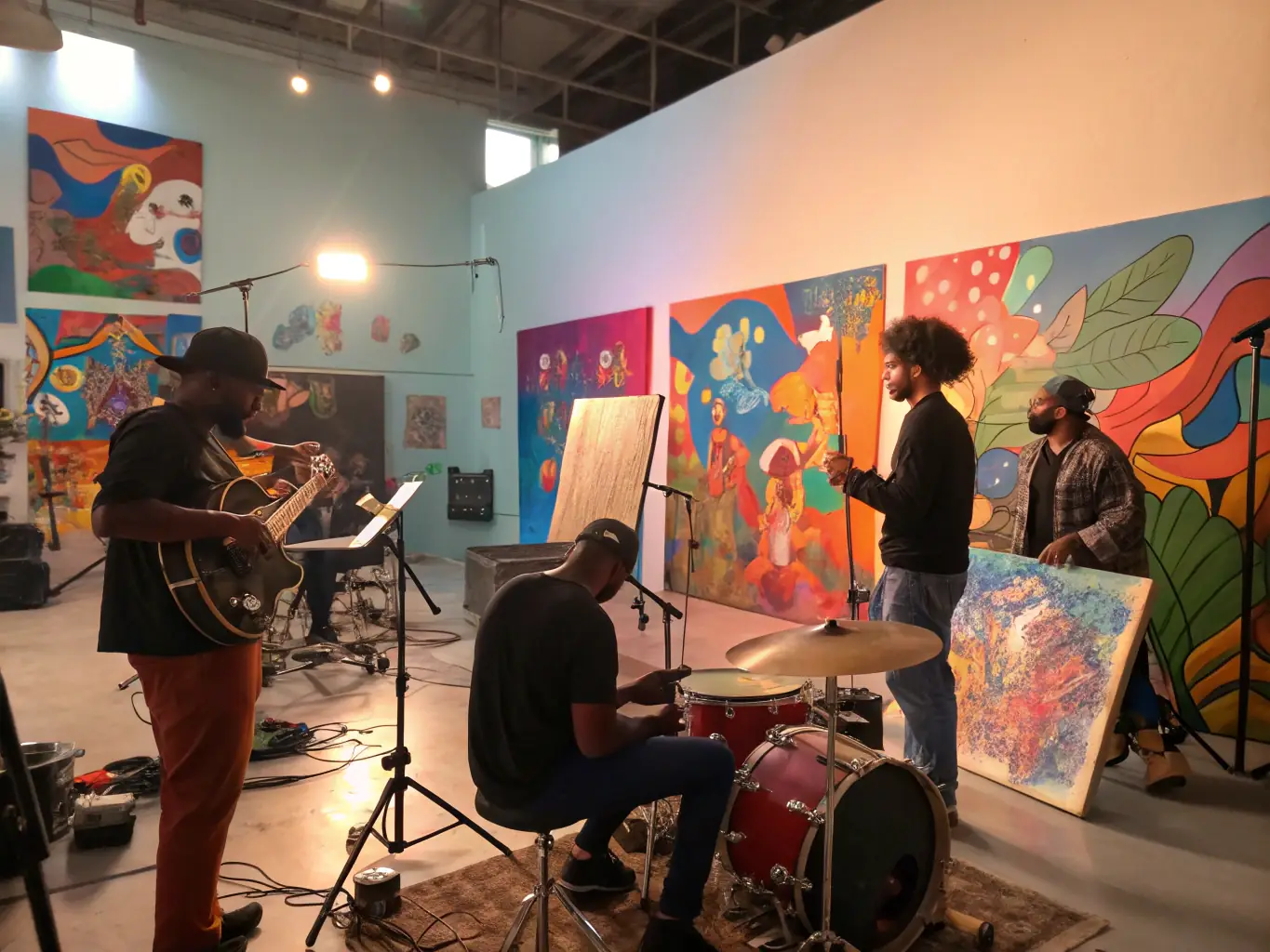A candid image of artists collaborating during a creative residency, surrounded by stage props, sketches, and lighting equipment, highlighting teamwork and the behind-the-scenes process of live performance creation.