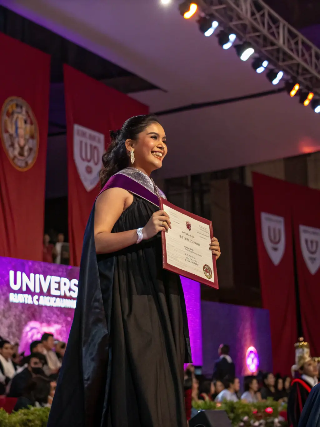 A professional portrait of a young emerging artist receiving an award on stage, with supportive peers applauding in the background.