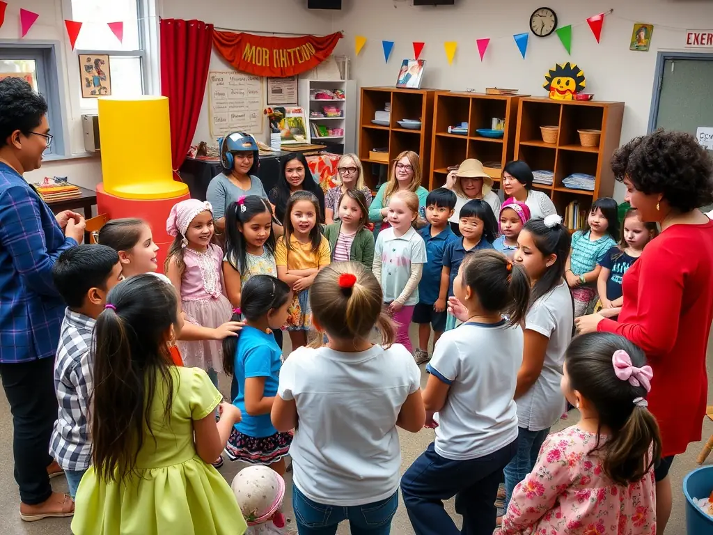 A vibrant photo of a group of children and adults participating in a theater workshop, with colorful costumes and expressive gestures, set in a welcoming community center. The image conveys active engagement and joyful learning.