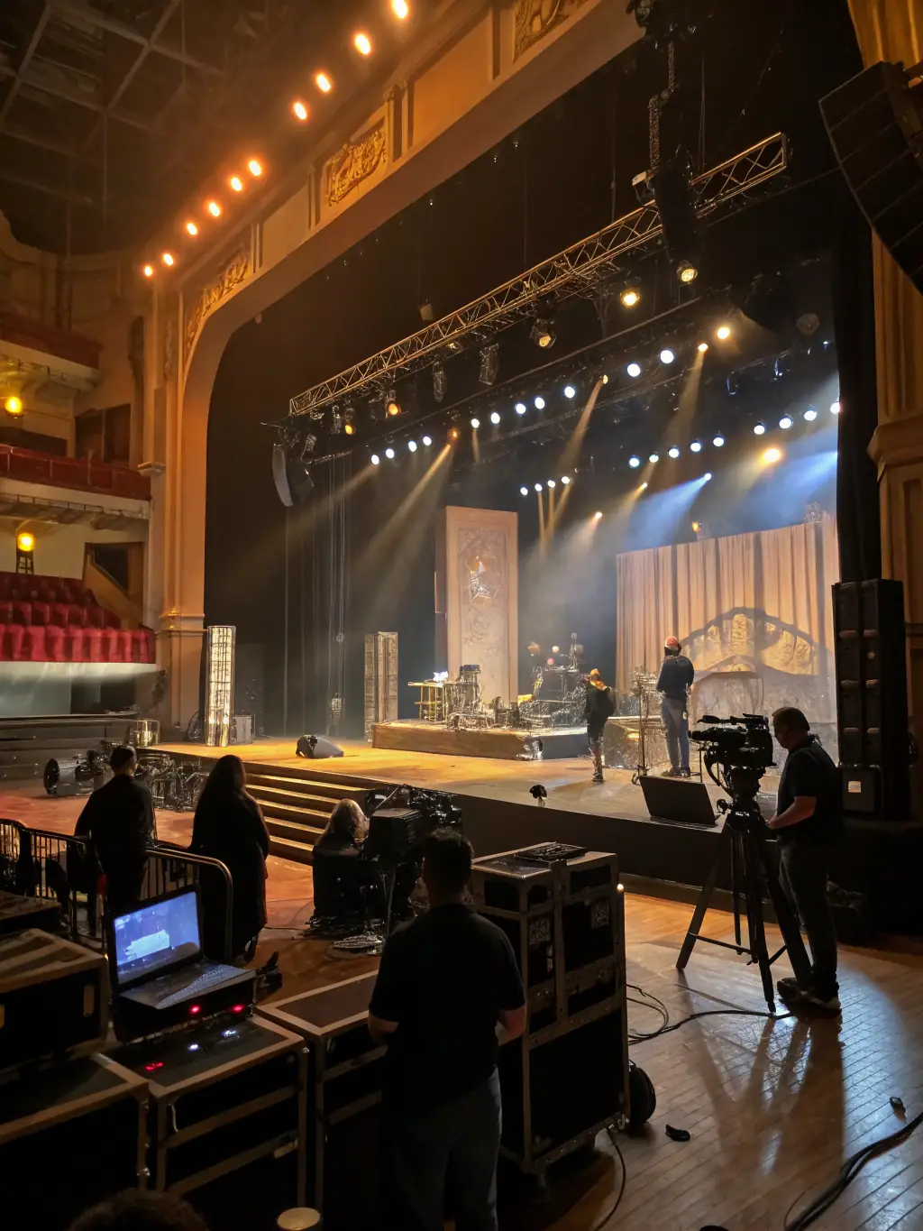 A vibrant photo of a theater stage during rehearsal, with artists and technicians collaborating under stage lights, capturing the energy and teamwork of live performance preparation.